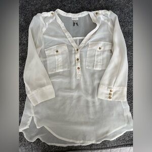 Dynamite Sheer White Blouse with Gold Accents. Size Small